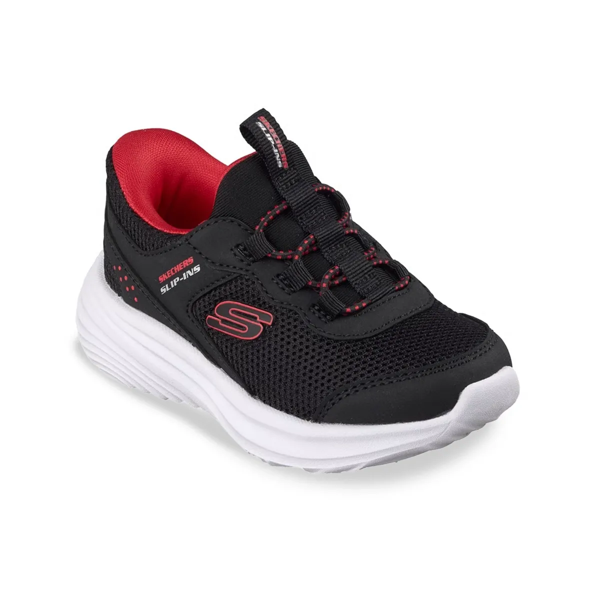 Tênis infantil Skechers Slip-ins preto visto de lado mostrando o design slip-on e sola branca